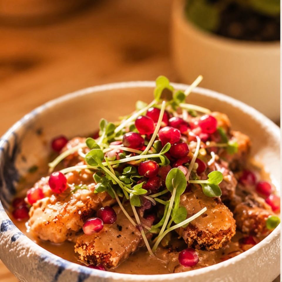 Crispy halloumi pieces in sauce, topped with microgreens and pomegranate seeds in a bowl on a warmly lit table.