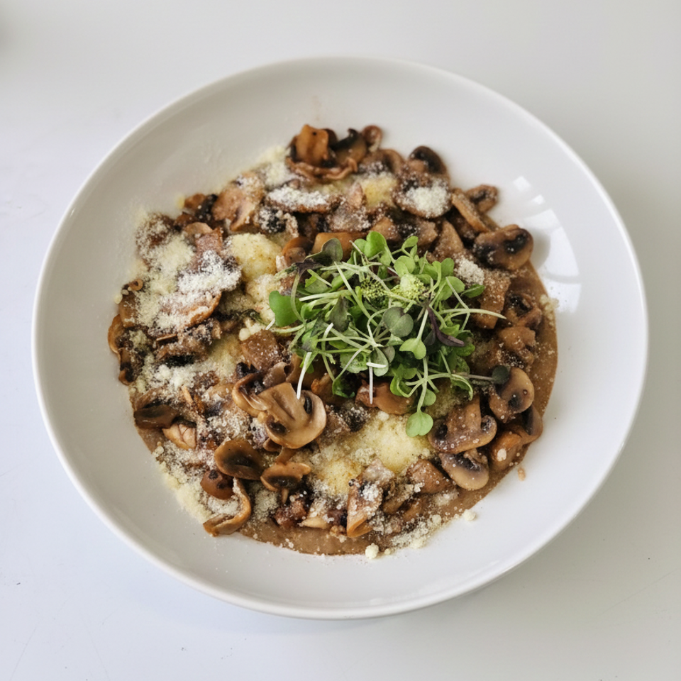 White bowl of sautéed mushrooms in creamy brown sauce, topped with microgreens and grated cheese.