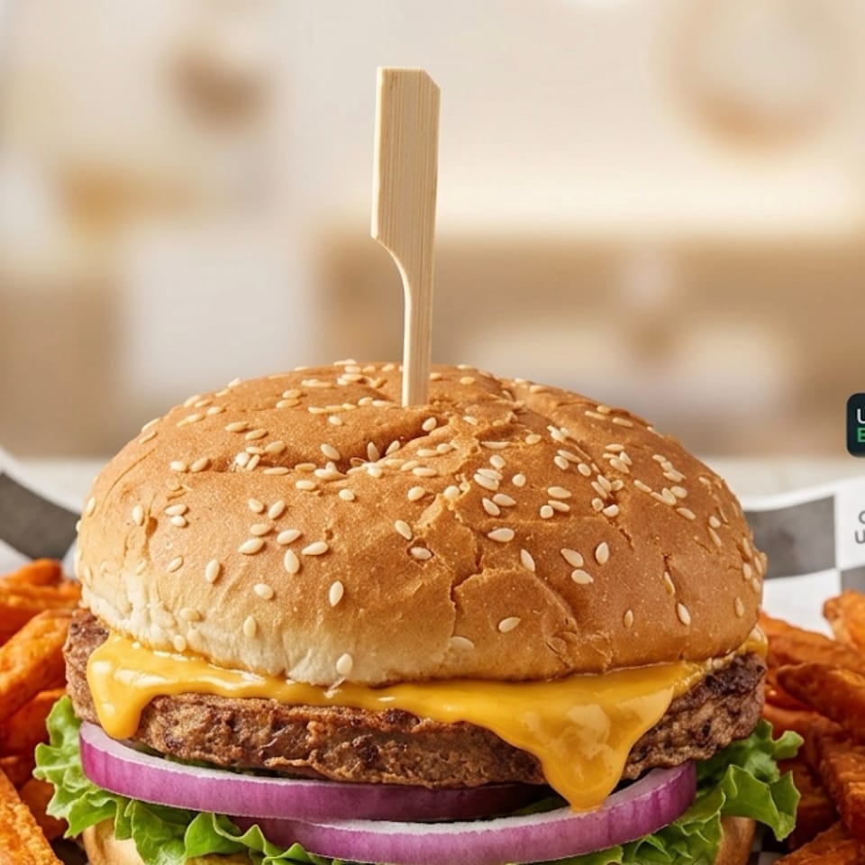 Sesame-seed cheeseburger with lettuce, red onion, and sauce, served alongside fries and dipping sauce.