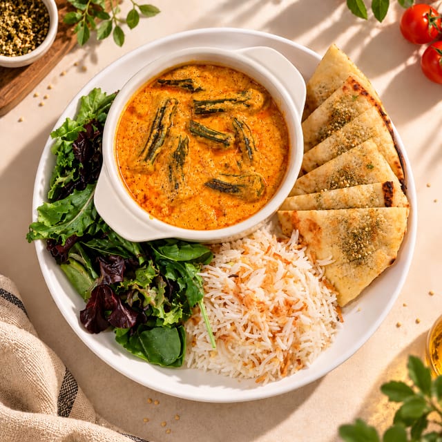 Vegan Bhindi Sarson Masala/ Mustard Okra Platter with Basmati Rice, Naan and Salad (Gluten Free Available).