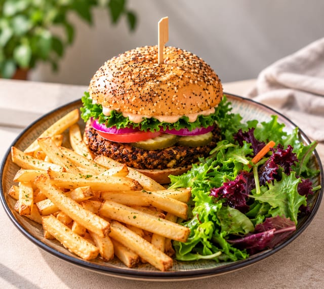 Gluten Free Vegan Burger with Fries & Side Salad.
