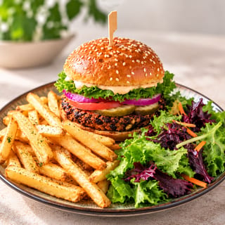 Vegan Burger with Fries & Side Salad