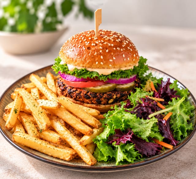 Vegan Burger with Fries & Side Salad.